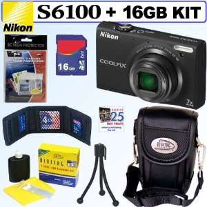  Nikon Coolpix S6100 16 MP Digital Camera (Black) + 16GB 