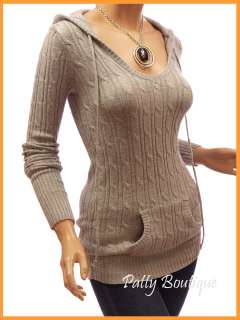Cable Knit Hooded V Neck Sweater Top  