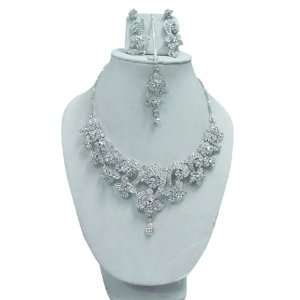   Stunning Silver Tone Stone Necklace Set Bridal Jewelry India Jewelry