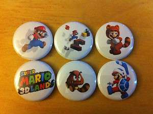 Set of 6 Super Mario 3D Land 1 Pins Buttons 3DS world RPG Kart Bowser 