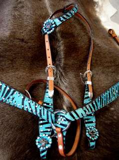 BRIDLE WESTERN LEATHER HEADSTALL BREASTCOLLAR TACK SET TURQUOISE ZEBRA 