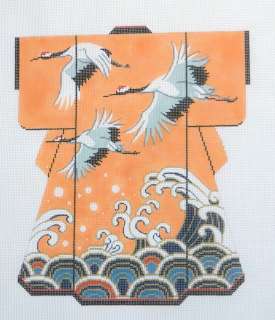 2011* LEE Flying Cranes over Waves Peach Kimono handpainted 