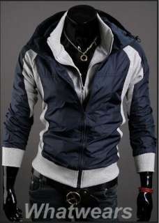 Mens Stand Collar Slim Double Zip Up Coat Short Jacket Blue +Grey Z06 