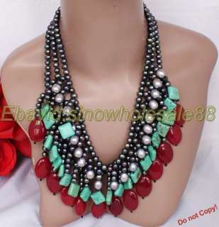 rows black pearl red jade black freshwater pearl turquoise necklace 