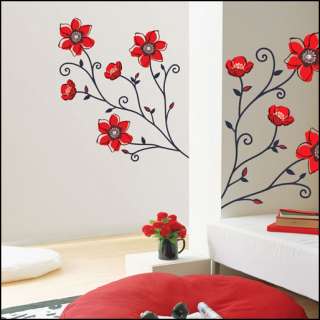 WS 18 RED FLOWER TREE ADHESIVE WALL DECOR ART STICKER  