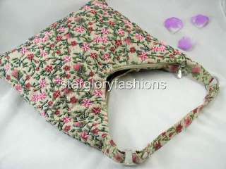 Beige Linen/Cotton Beaded Pink Small Flowers Hobo Bag HF 021368