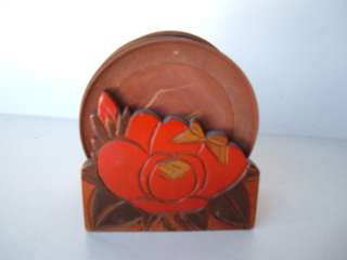 Vintage Pyrography Wood Burn 8 Coasters Holder Roses  