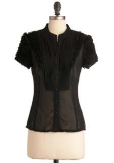   Black, Solid, Buttons, Ruffles, Work, Vintage Inspired, Short Sleeves