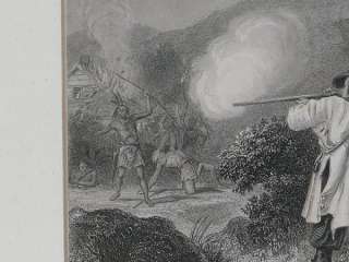c1860 ENGRAVING NATIVE AMERICAN INDIANS ATTACK SETTLERS  