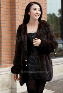 100% New Real Genuine Knitted Mink Fur with a Hood Coat Outwear Jacket 