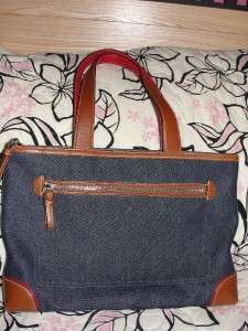   Denim red blue leather striped handbag tote purse *RARE* 6866  