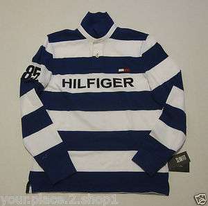   Mens Long Sleeve Blue & White Slim Fit Stripe Polo, Rugby Shirt  