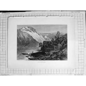    c1900 VIEW MOUNTAINS SUN SOR FJORD BOATS OLD PRINT