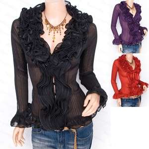   Chiffon Tiered Ruffles Pleated Button Up Long Sleeves Shirt Top  