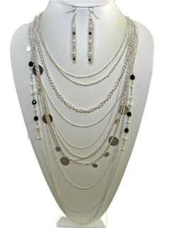 Long Dangle Multi Chain Layered Pearl Bead Disc Silver Costume 