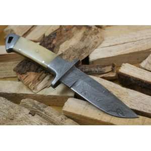 Custom Damascus Handmade Hunting Knife. With Leather Sheath. Top 