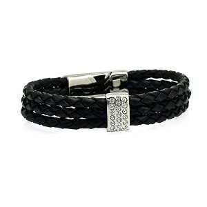  Black Three Strand Braided Leather Bracelet With Cubic 