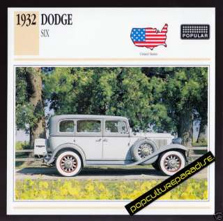 1932 DODGE BROTHERS SIX Car PICTURE SPEC INFO CARD  