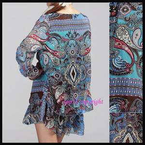 Vtg 70s BOHO ETHNIC All OVER FLORAL PAISLEY printed mini Dress/ Top 