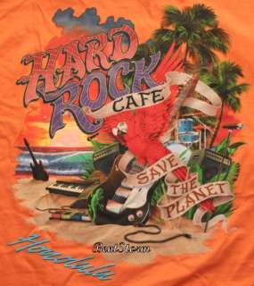 HARD ROCK CAFE HONOLULU HAWAII GUITAR DRUMS KEYBOARD PARROT ORANGE T 