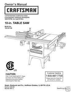  Craftsman Table Saw Manual Model # 152.221140  