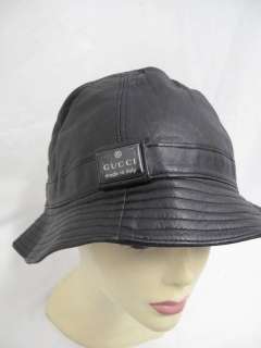 NWOT Gucci Black Leather Ribbed Brim Bucket Hat M  