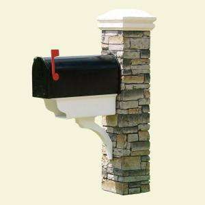 Eye Level Gray Stacked Stone Mailbox Post, Newspaper Holder & Curved 