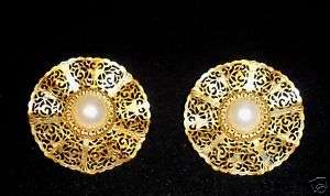 Vintage Gold tone Filigree Pearl Earrings ear rings BIG  