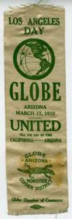 Rare 1910 Globe Arizona Los Angeles Day Mining Ribbon  