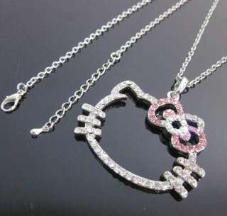 XL Hello Kitty pink bow crystal pendant necklace T15  