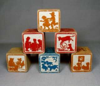 Six early 1900s nursery rhyme wooden blocks antique toys  