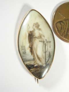 ANTIQUE ENGLISH GOLD SEPIA MOURNING PIN MAIDEN c1780  