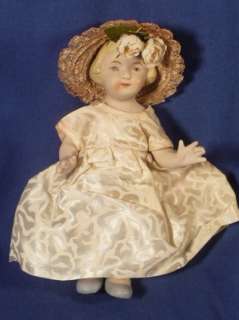 Vintage 7 ALL BISQUE GIRL DOLL Jointed Molded Hair Pretty Dress Straw 