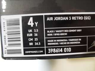 New Air Jordan III 3 Black Cement Grey Varsity Red White sz 4 GS y 