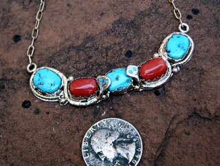 Zuni Effie C Turquoise Coral Sterling Silver Choker Necklace  