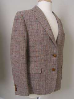 Harris Tweed Lands End vtg vintage Tweed Blazer Brown Gray Leather 