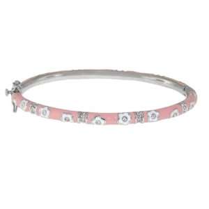   Plated Stackable White Flowers and Baby Pink Enamel CZ Bangle Bracelet