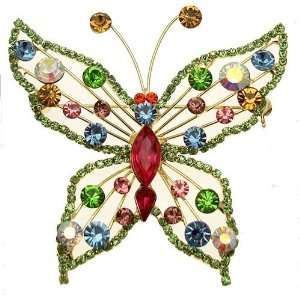 Acosta Brooches   Green Diamante & Multi Colored Crystal   Large Gold 