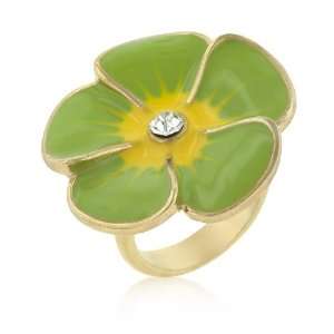 14k Gold Bonded Light Green Large Enamel Flower Ring with Clear Cubic 