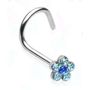   Steel Nose Ring Screw Piercing Jewelry with Aqua Gem Flower 20 Gauge
