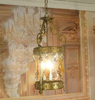 Vintage Bronze Lantern Chandelier Amber Pendalogues Cherub fixture 