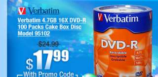 Verbatim 4.7GB 16X DVD R 100 Packs Cake Box Disc Model 95102