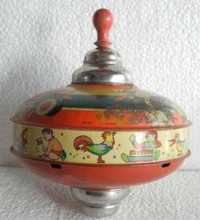 Huge Vintage Airplane, Train, Ship Litho Print Spinning Top Tin Toy 