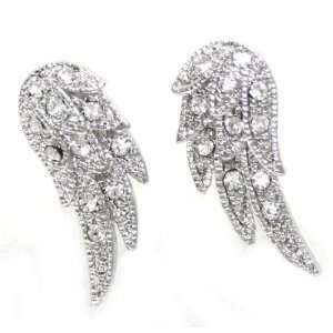 Beautiful Angel Wing Feather Charm Stud Earrings with Crystals Silver 