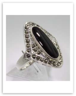 Onyx and Marcasite Ring   Sterling Silver Size 7  