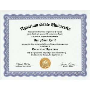  Aquariums Degree Custom Gag Diploma Doctorate Certificate 