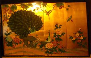 Chinese Asian Peacock Nature Scene 4 Panel Custom Painted Gold Wood 