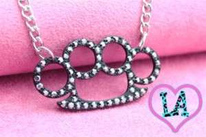 SILVER BLACK CRYSTAL BRASS KNUCKLE DUSTER NECKLACE  