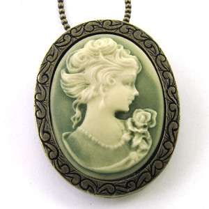   Gold Brass Dark Olive Green Cameo Pendant Necklace Jewelry n763  