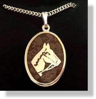 OVAL PENDANT HORSE HEAD BROWN STONE & SILVER NECKLACE  